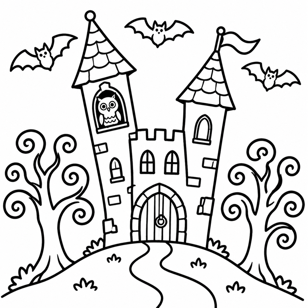 Small Haunted Castle Night Scene Coloring Page - printable coloring page preview