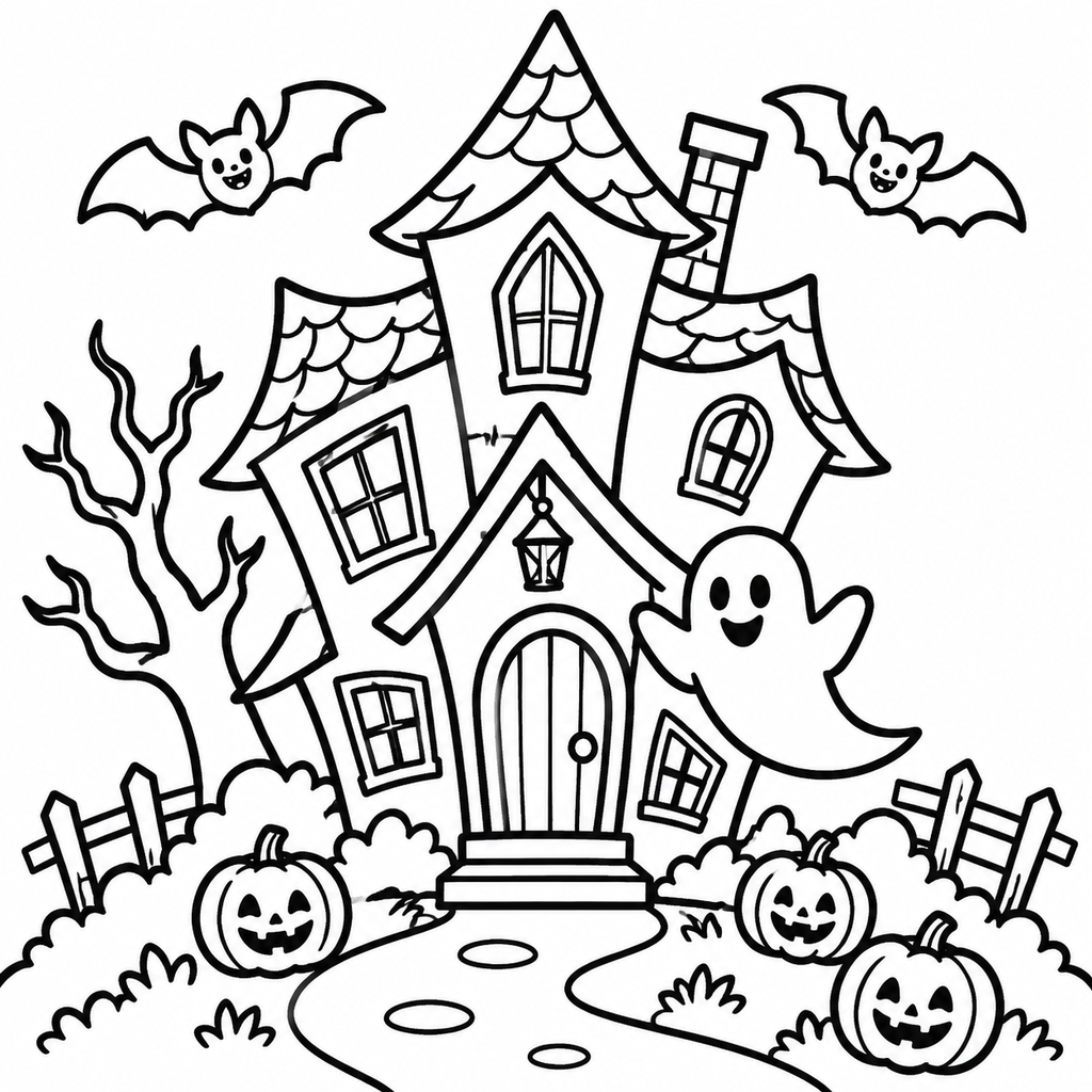 Spooky Cute Haunted House Coloring Sheet preview