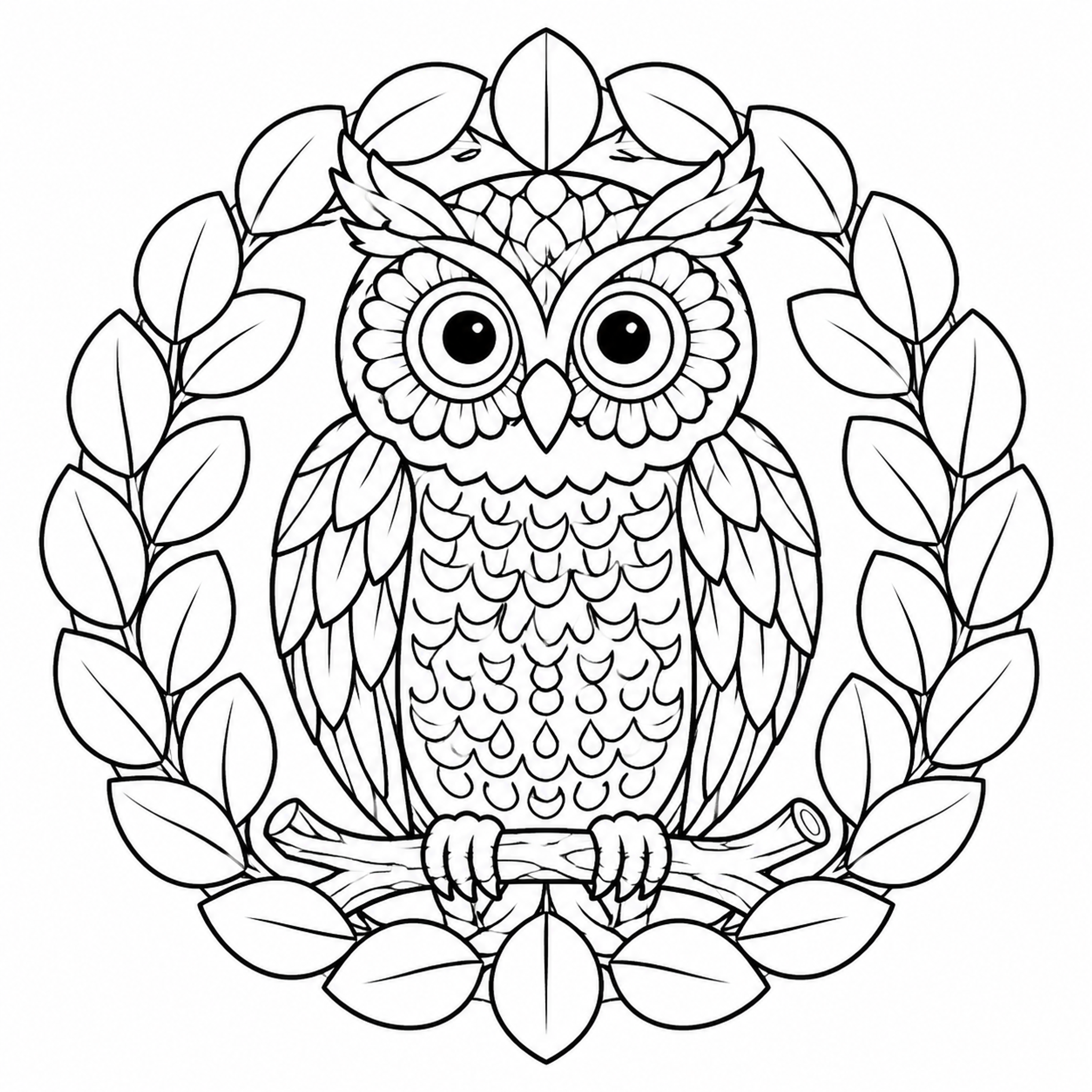 Ornamental Owl in a Leaf Medallion Coloring Page - printable coloring page preview