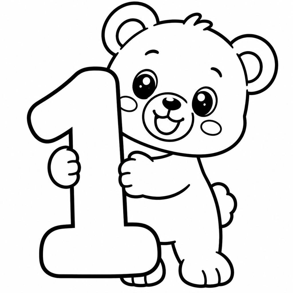 Number 1 Coloring Page with Cute Bear Holding It preview