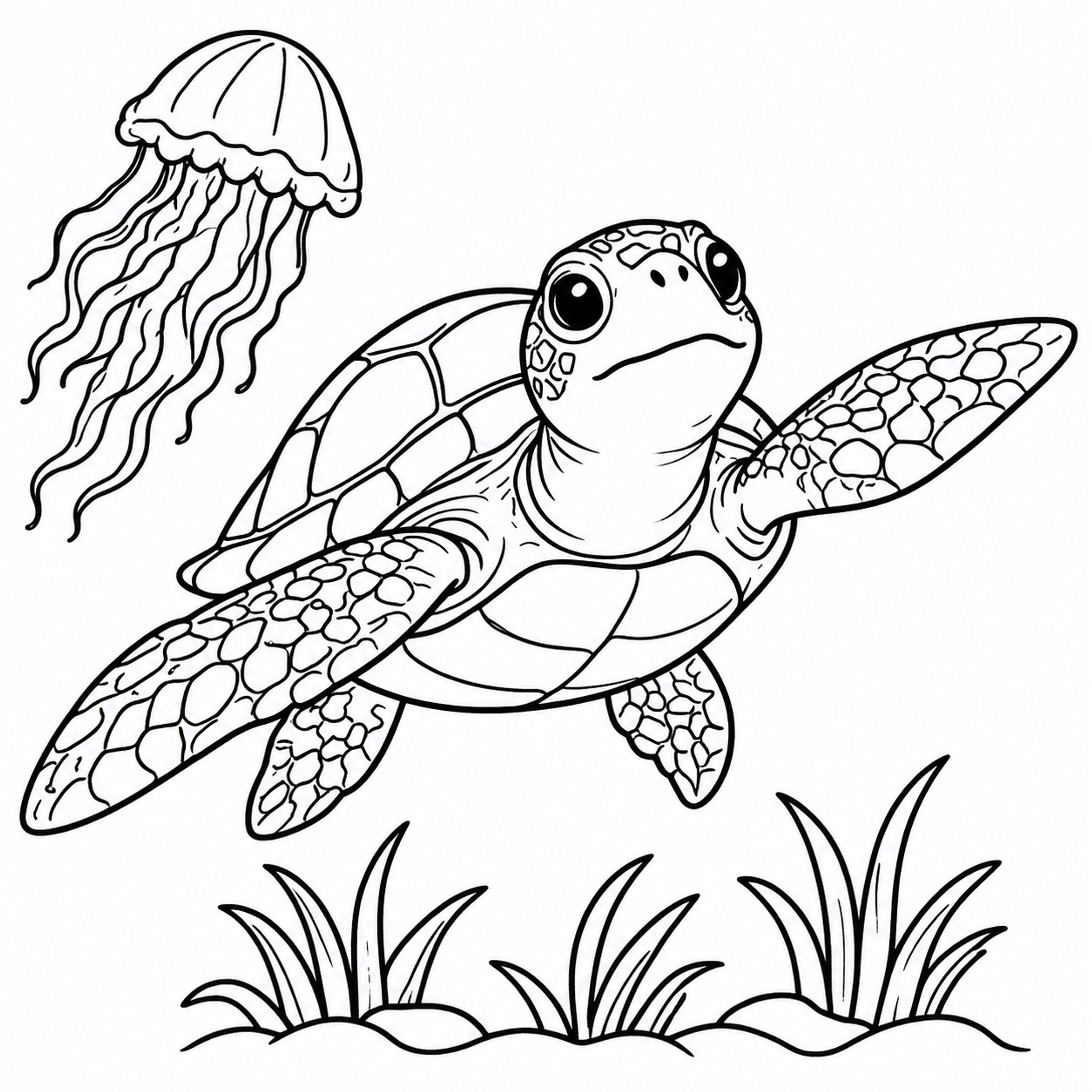 Sea Turtle and Jellyfish Ocean Coloring Page - printable coloring page preview