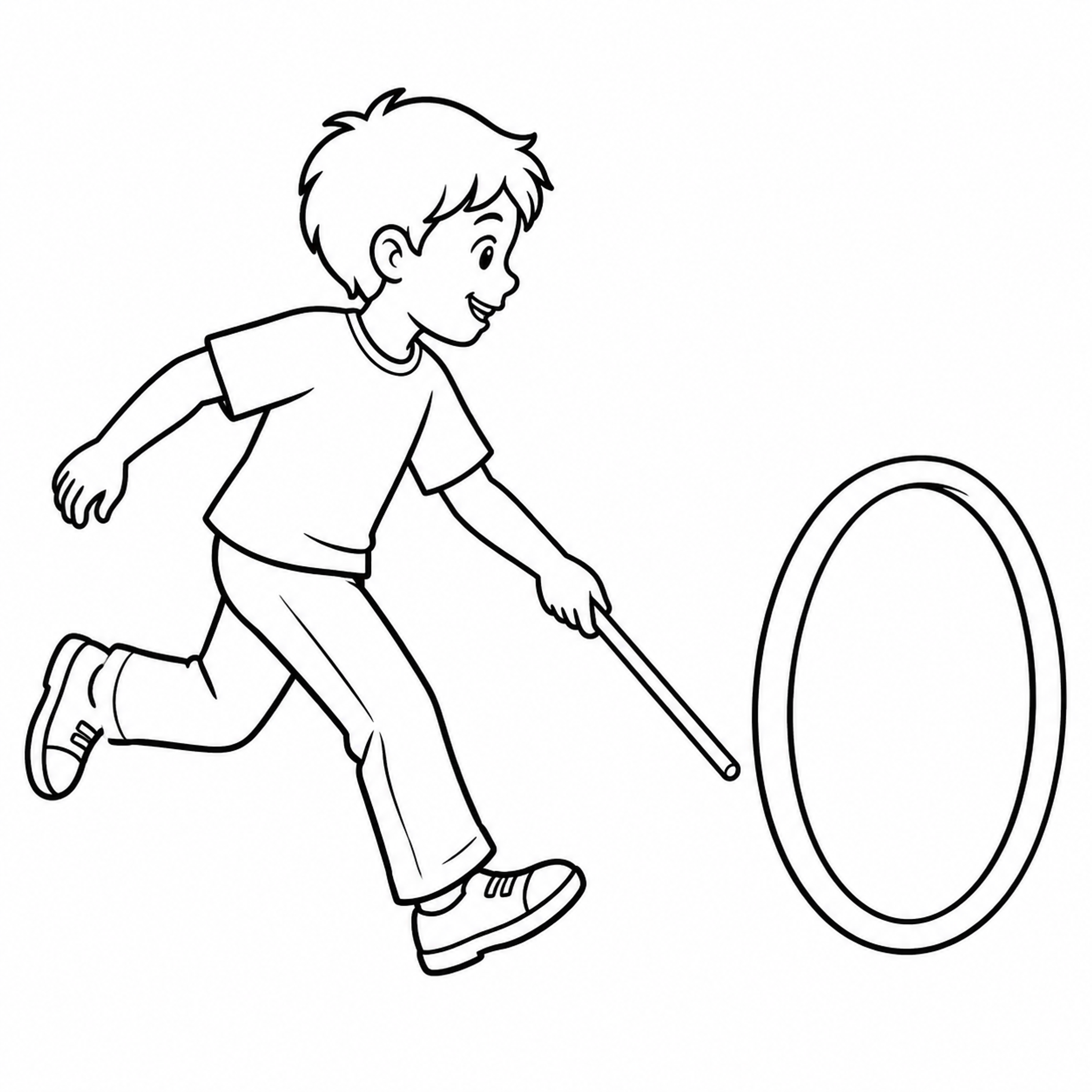 Child Rolling a Hoop with a Stick Coloring Page - printable coloring page preview