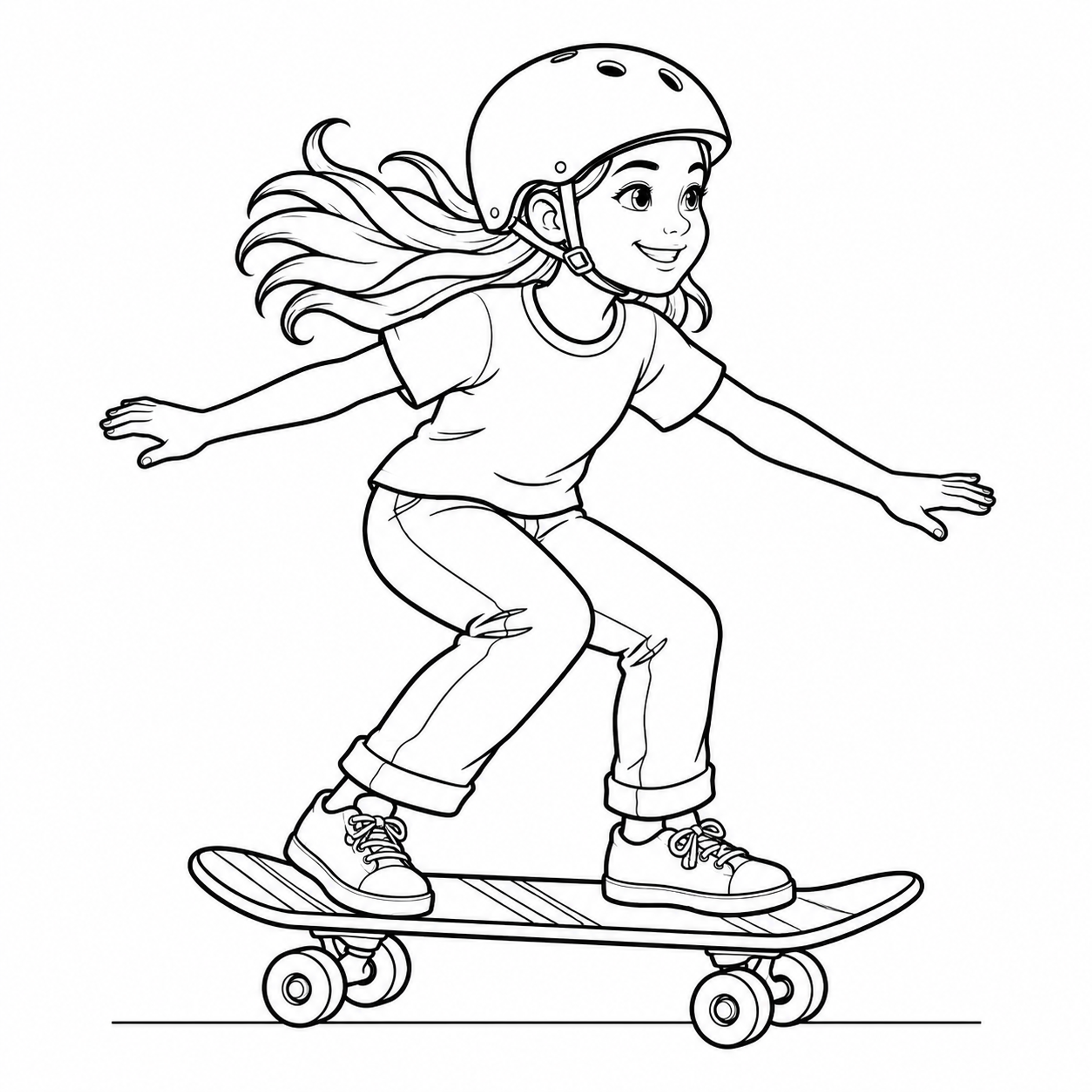 Girl Balancing on a Skateboard Coloring Page - printable coloring page preview