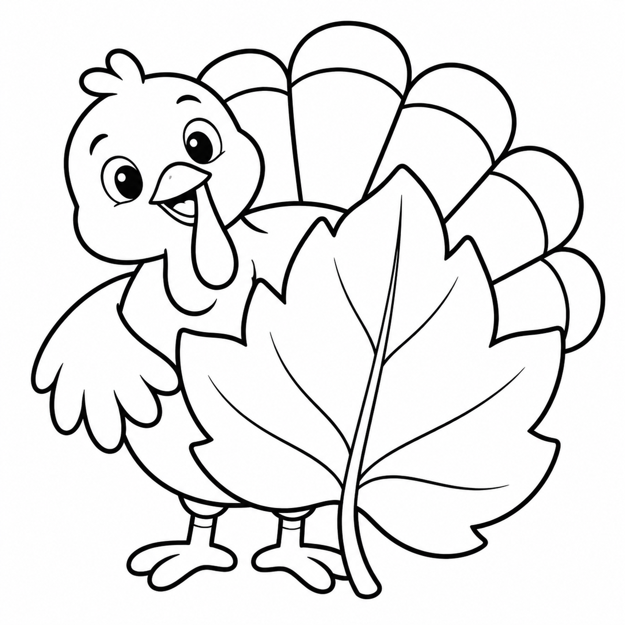 Turkey Peeking from Behind a Large Leaf Coloring Page - printable coloring page preview