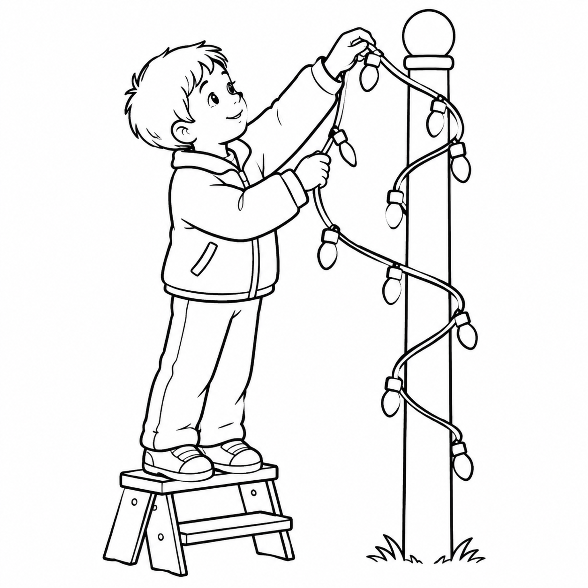Boy Hanging Winter Lights on a Garden Post Coloring Page preview