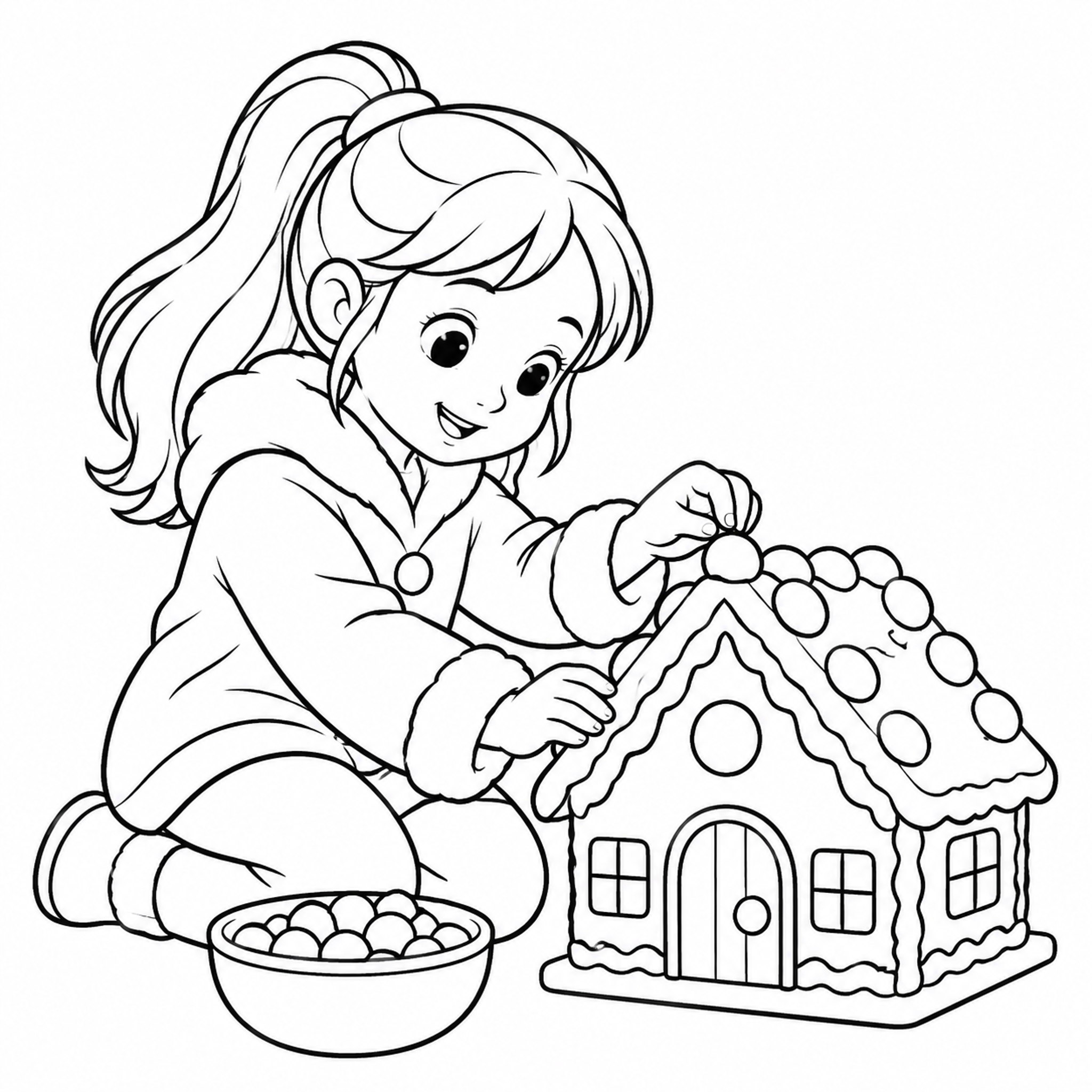 Child Decorating a Gingerbread House Coloring Page - printable coloring page preview