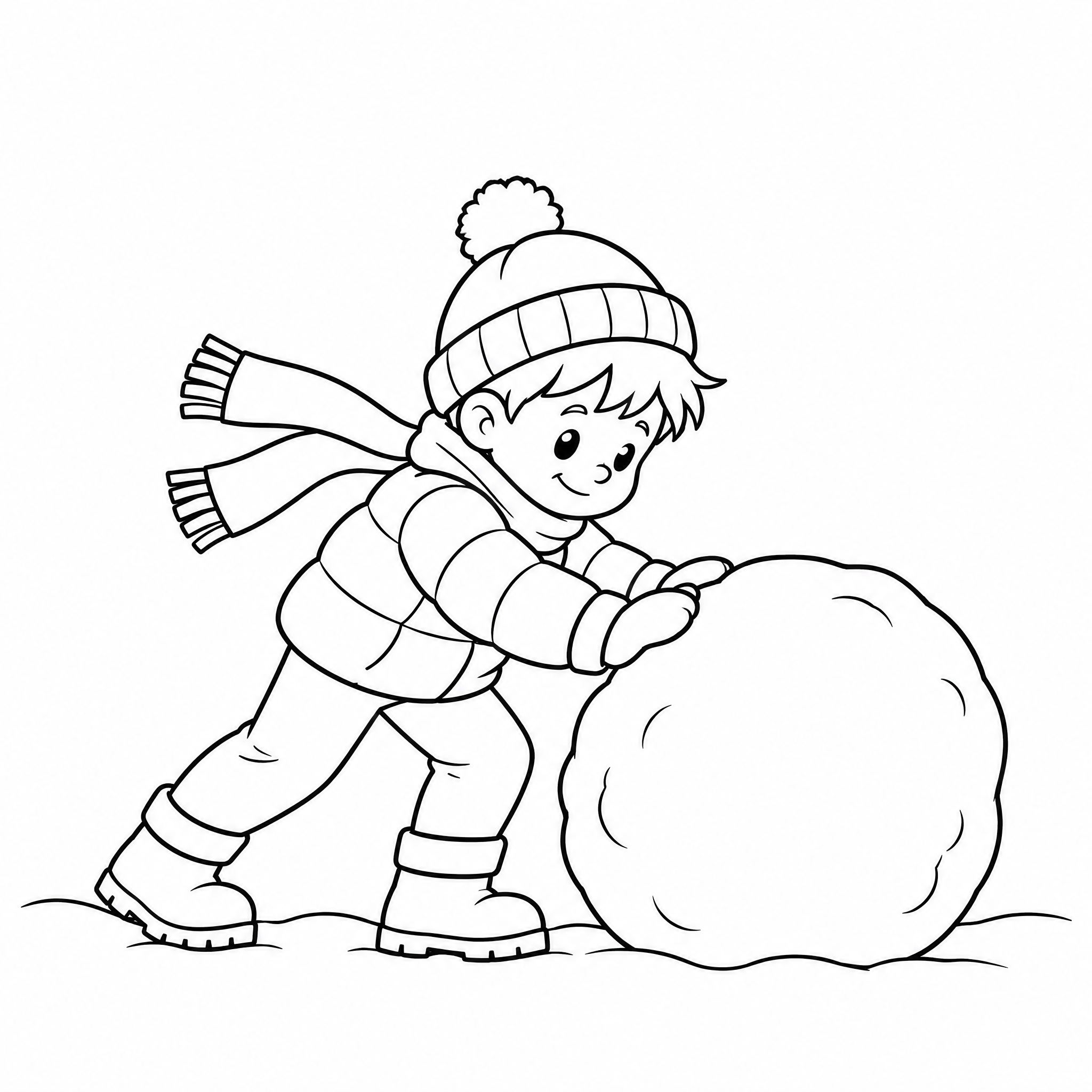 Child Rolling a Giant Snowball Winter Coloring Page - printable coloring page preview