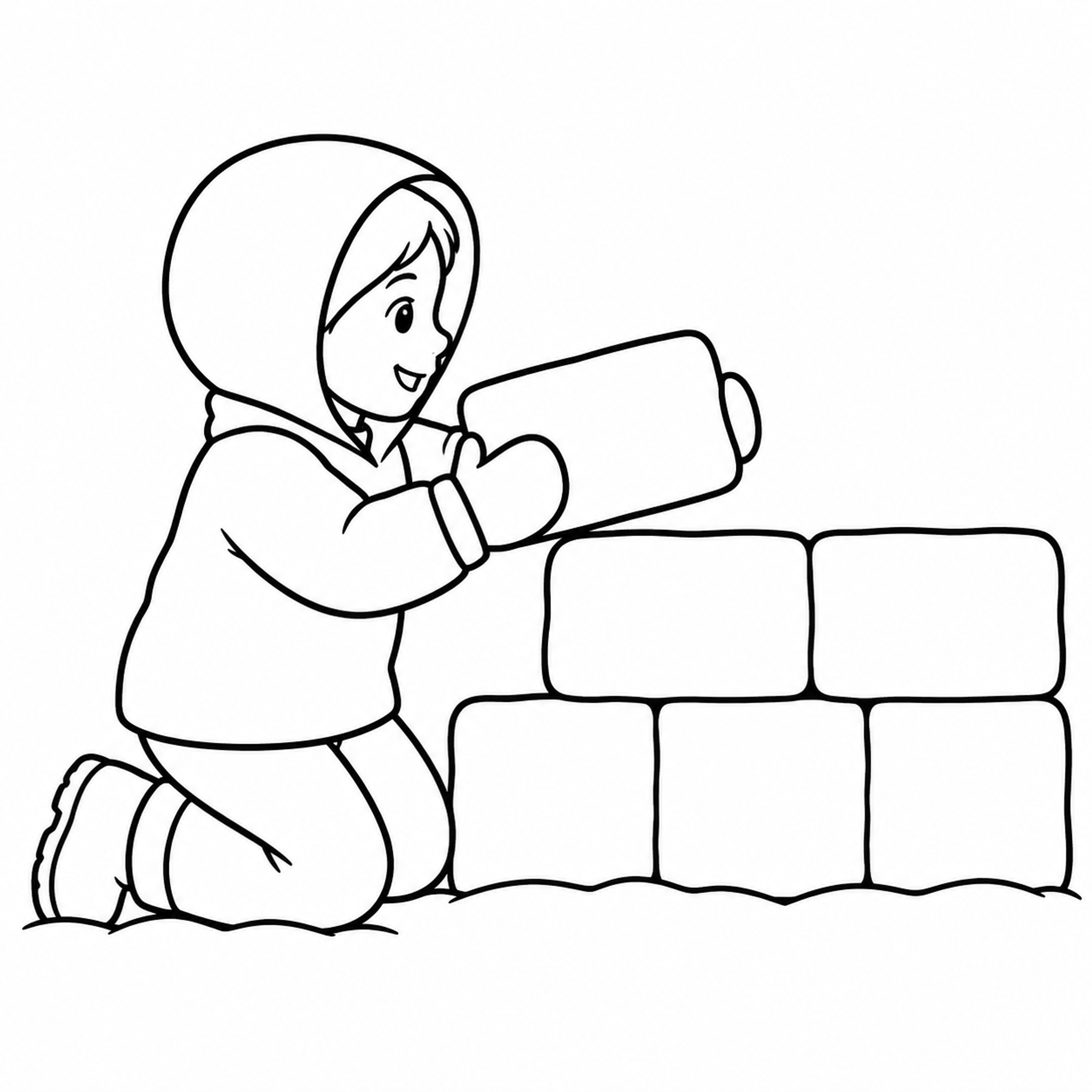 Child Stacking Snow Blocks into a Fort Winter Coloring Page preview