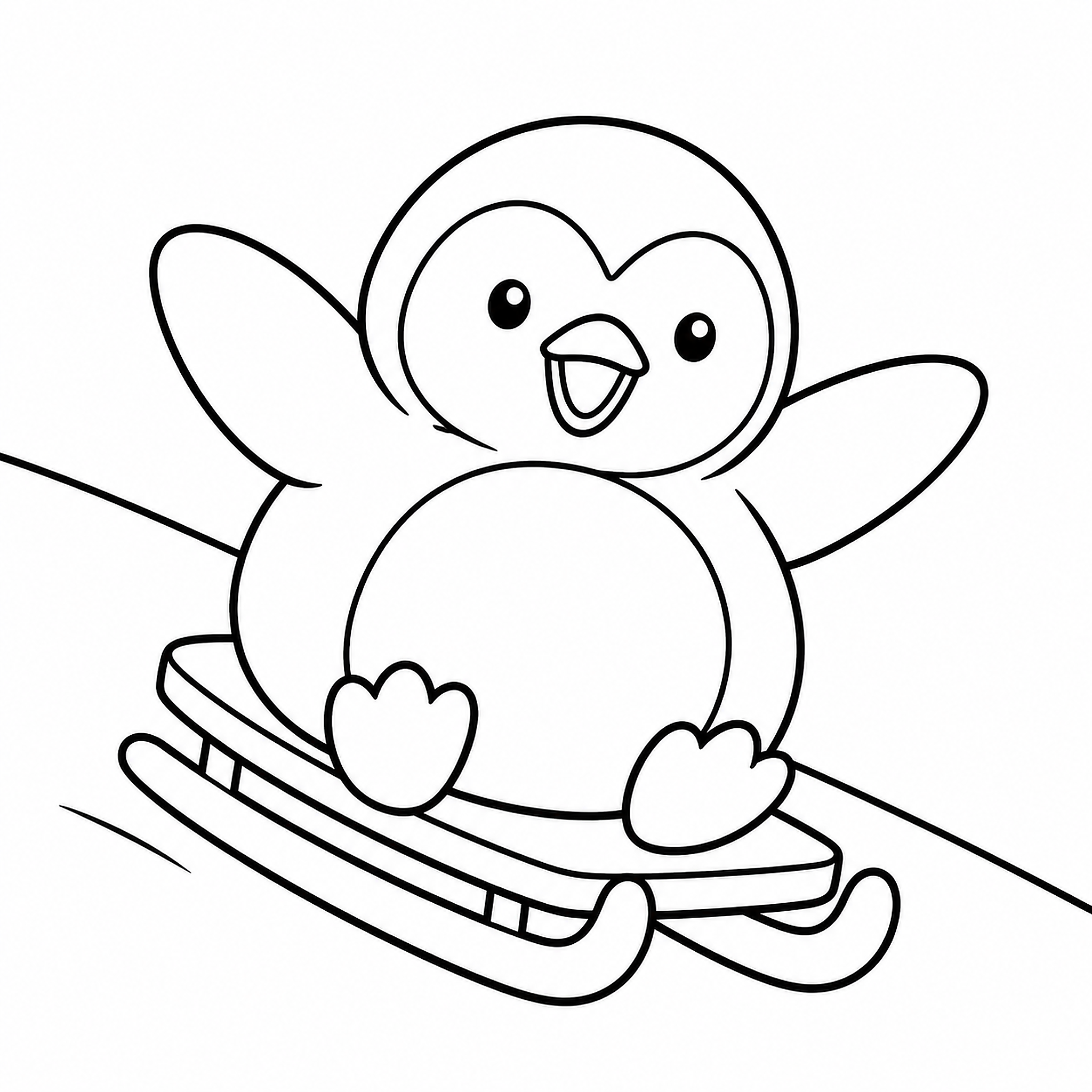 Penguin on a Sled Sliding Down a Snowy Hill Coloring Page preview